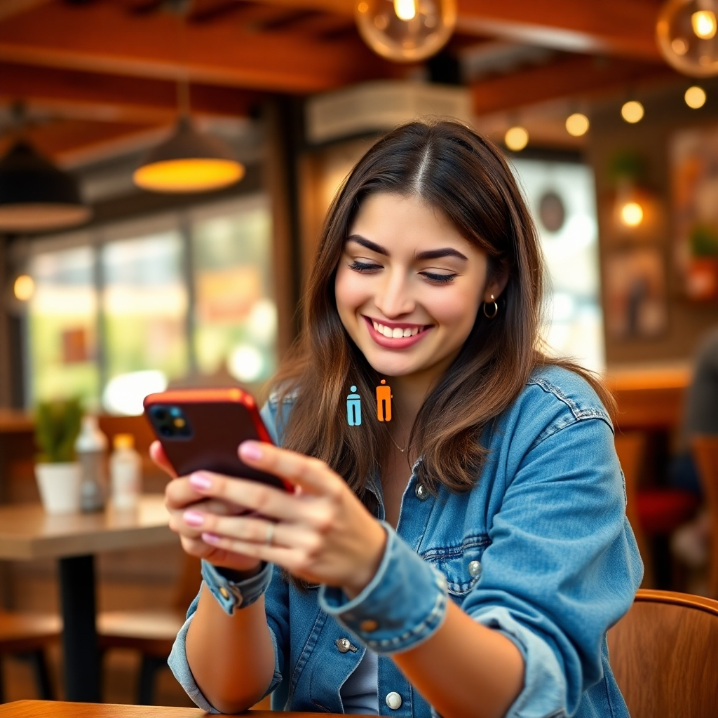 A photorealistic image of a young woman smiling and looking at her phone, showing a short video advertisement of a new product. The background should be a trendy cafe. The video preview should be vibrant and visually appealing, with clear product shots and engaging text overlays. The overall mood should be positive and energetic, highlighting the effectiveness of short video ads.