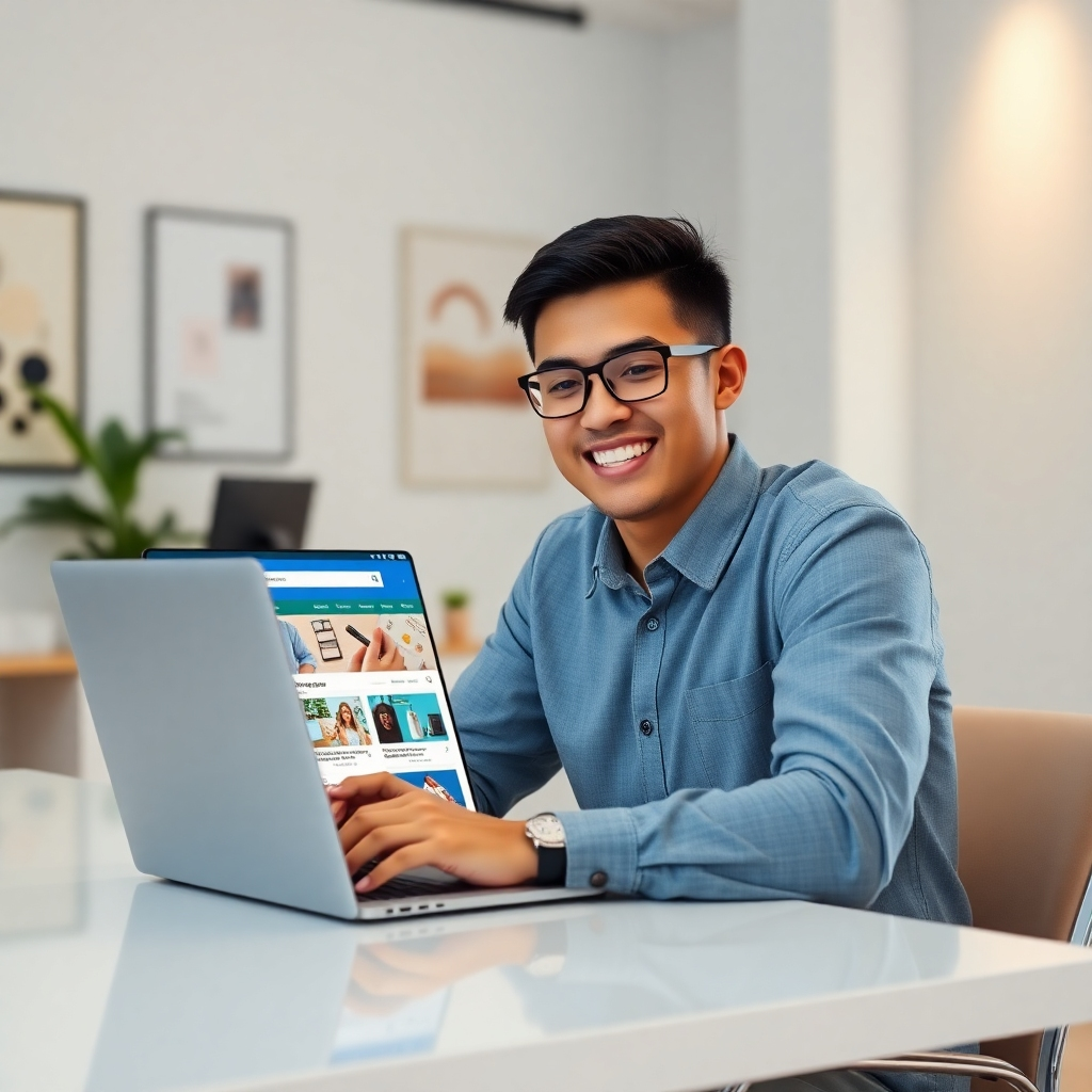 A photorealistic image of a young, smiling entrepreneur confidently working on their laptop at a modern, minimalist desk.  The laptop screen displays a vibrant, successful website with high-quality product images and positive customer reviews.  The background should be a stylish, modern office environment, subtly showcasing a well-organized and productive workspace.  The overall mood should be one of success and positive achievement.