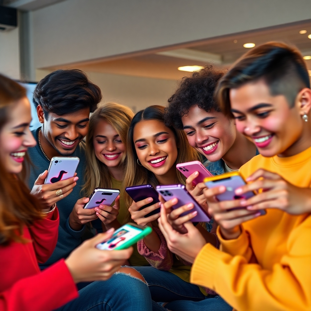 A photorealistic image of a young, diverse group of people using smartphones and tablets, joyfully interacting with engaging TikTok videos interspersed with short, creative ads. Vibrant colors and dynamic motion blur should be used to emphasize the fast-paced nature of TikTok. Include subtle TikTok branding.