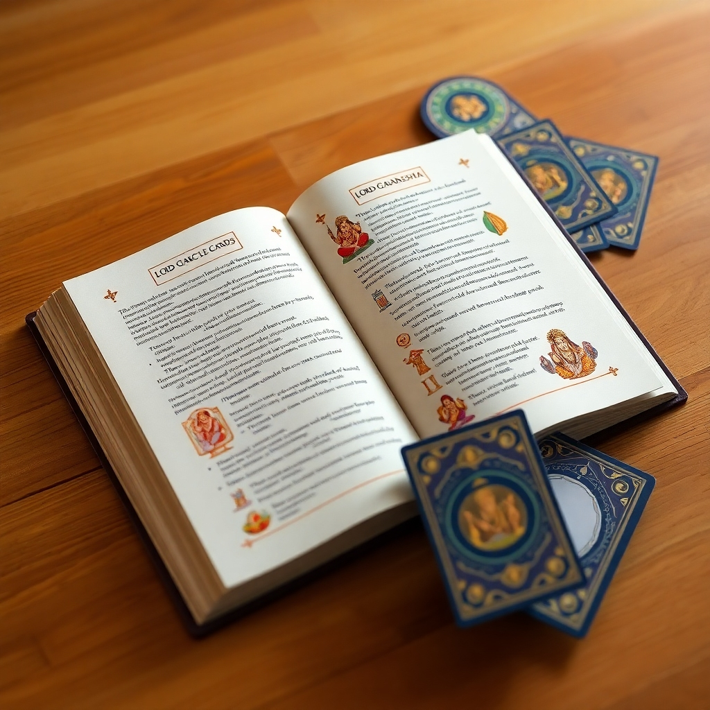 A photorealistic image of an open book, showcasing a page with clear, well-organized instructions and colorful illustrations related to Lord Ganesha oracle cards. The book should be placed on a warm-toned wooden table, next to a beautifully crafted set of Lord Ganesha oracle cards. The background should be soft and uncluttered, focusing attention on the book and cards. The overall impression should be one of accessibility and ease of use.
