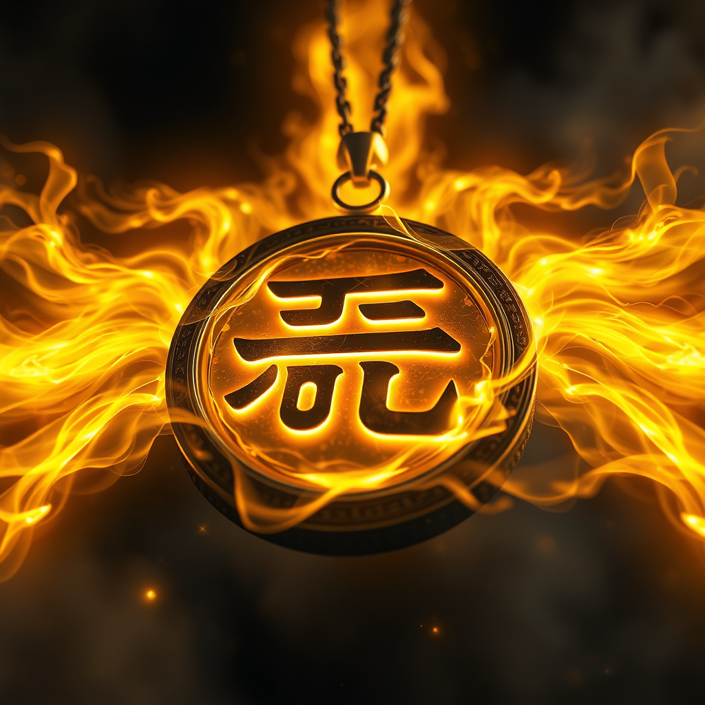 A photorealistic image of energy emanating from an "อักขระมันตรา" amulet. The energy is depicted as swirling golden light, radiating outwards and enveloping the surrounding space. The background is dark and mysterious, emphasizing the power and intensity of the energy. Use visual effects to create a sense of movement and dynamism. Camera angle: close-up, focusing on the amulet and the energy emanating from it.