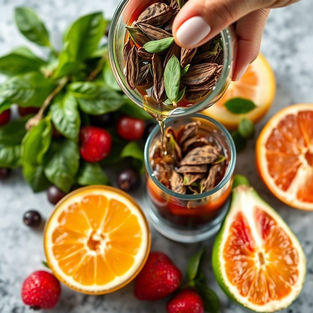 A photorealistic image of fresh fruits and tea leaves being prepared for drinks, emphasizing the freshness and quality of ingredients.  High-quality 4K resolution.