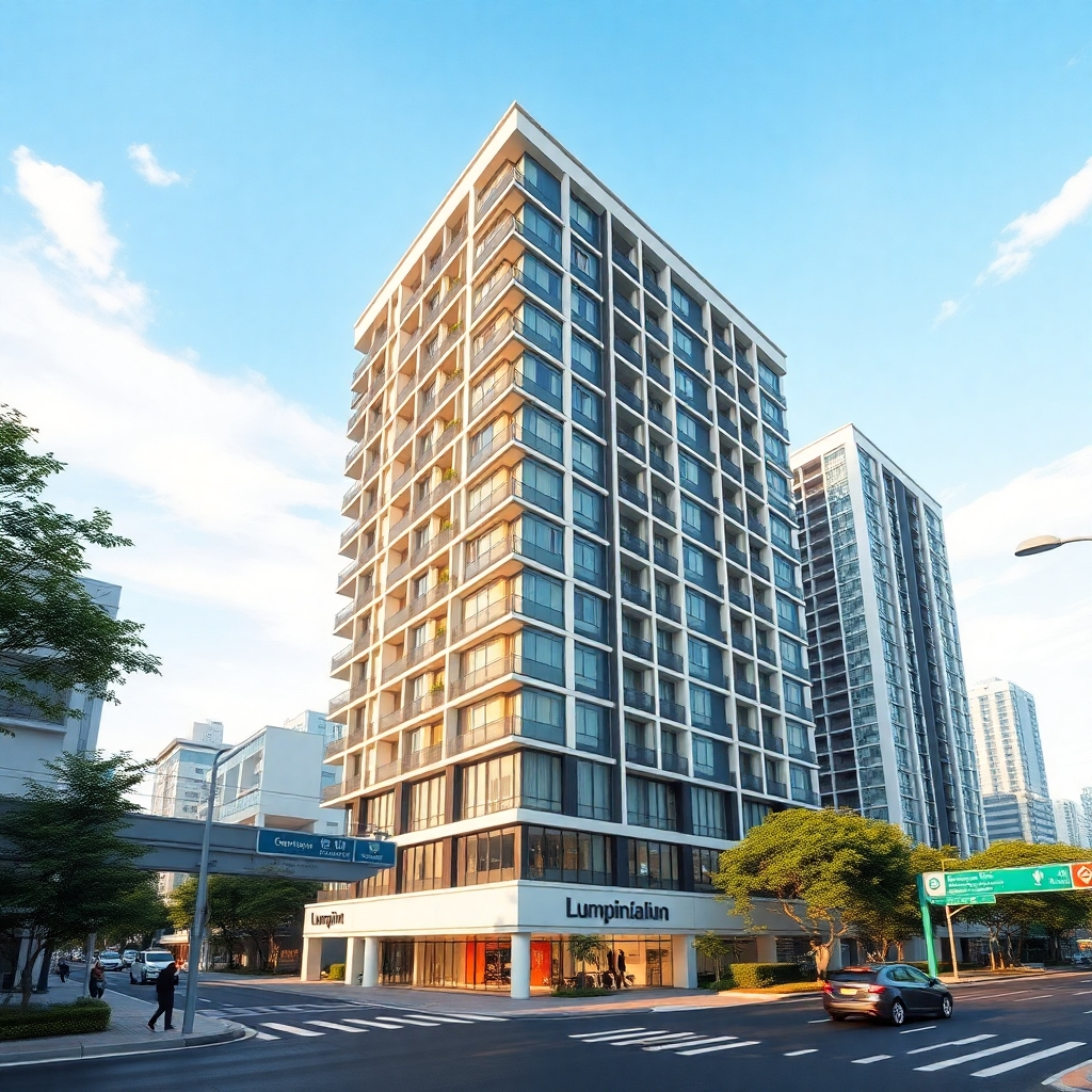A photorealistic image of Lumpini condominium Bodindecha-Ramkhamhaeng, showcasing its convenient location near a skytrain station and expressway.  The image should feature a clear view of the building's exterior and surrounding areas, highlighting nearby transportation and amenities like shops and restaurants.  The sky should be bright and sunny, emphasizing a positive and accessible environment.
