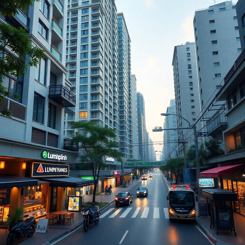 A photorealistic image of Lumpini condominium building near Ramkhamhaeng road, Bangkok, Thailand.  Show bustling streets, nearby shops and restaurants, and easy access to public transportation like a BTS station. The image should highlight convenience and accessibility.