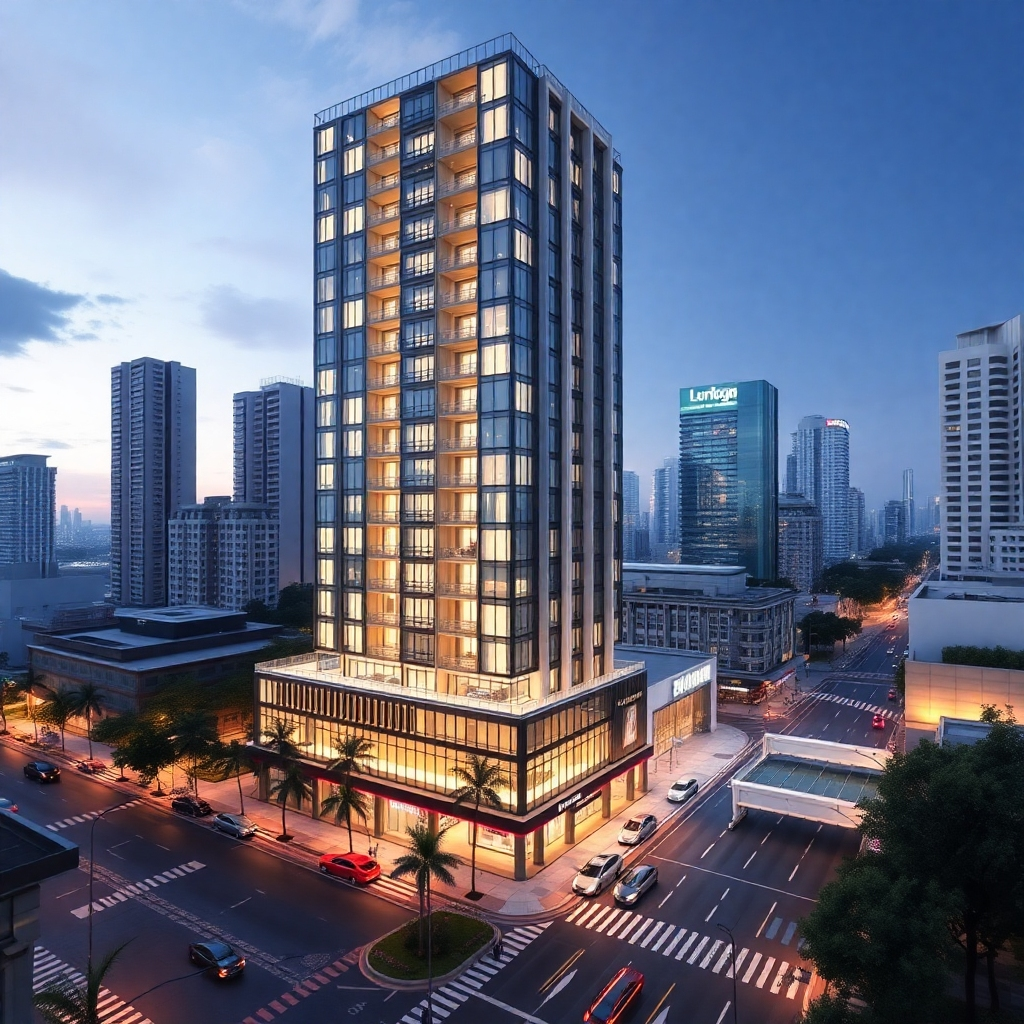 A photorealistic image of Lumpini Condo, Bดินทรเดชา-Ramkhamhaeng, showcasing its prime location.  The image should include a wide shot of the building with nearby landmarks visible, such as transportation hubs or shopping malls, highlighting easy accessibility. The style should be bright, modern, and inviting.