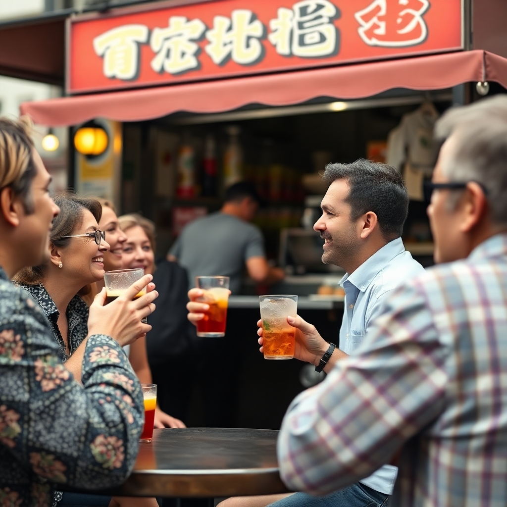 A photorealistic image of people enjoying drinks at a street food stall, showing a relaxing and friendly atmosphere. The focus is on the people enjoying the drinks, with the street food stall subtly in the background.  High-quality 4K resolution.