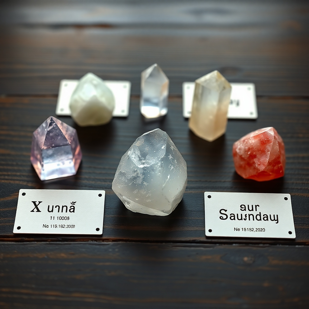 A photorealistic image of seven different crystals, each representing a day of the week, beautifully arranged on a dark wooden surface. Each crystal should be clearly visible and have a subtle glow. The background should be slightly blurred, focusing attention on the crystals. Include small cards next to each crystal, indicating the day of the week (Sunday-Saturday in Thai script) it corresponds to.