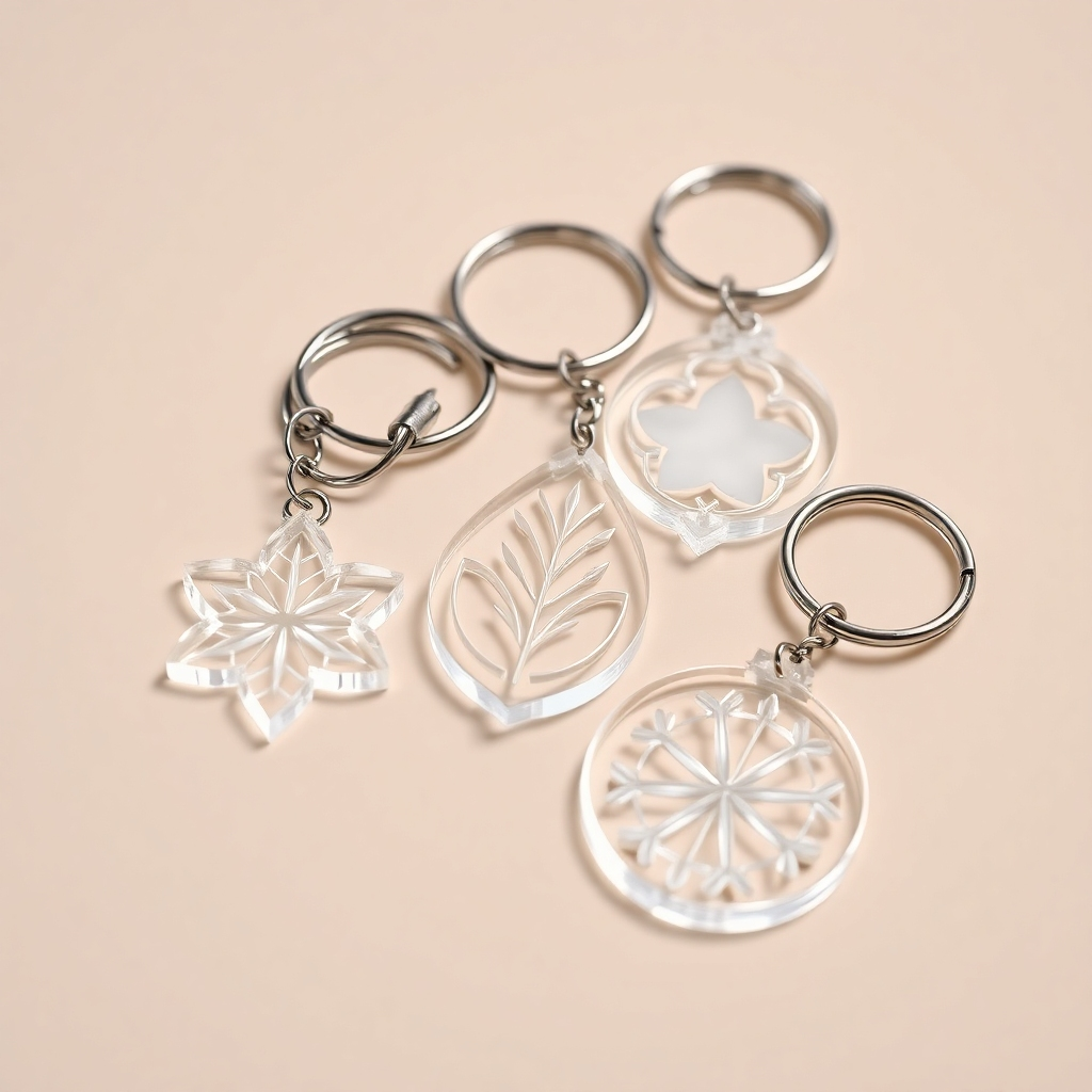 A photorealistic image of several intricately laser-cut acrylic keychains, showcasing the precision and clean lines of the laser cutting process. The keychains should have various shapes and designs.  The image should focus on the smooth edges and fine details of the cut acrylic, with a soft, even lighting to highlight the craftsmanship.  The background should be a simple, neutral color.