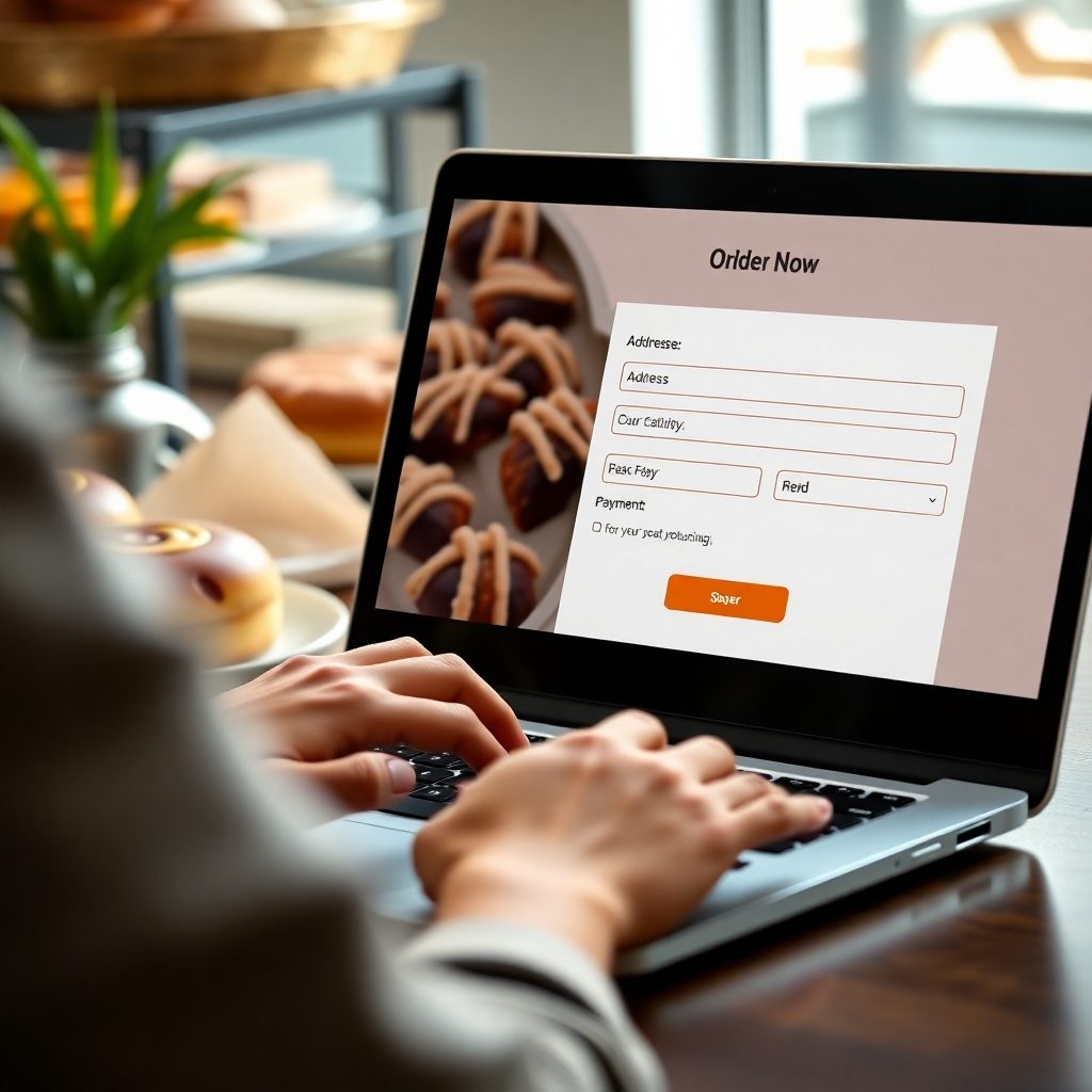 A photorealistic image of someone completing an online order form on a laptop. The form should clearly show fields for address, payment method, and order summary. The person's hands should be visible on the keyboard, and the background should subtly showcase the delicious bakery items they're ordering.  A subtle overlay showing a confirmation message would enhance the image.