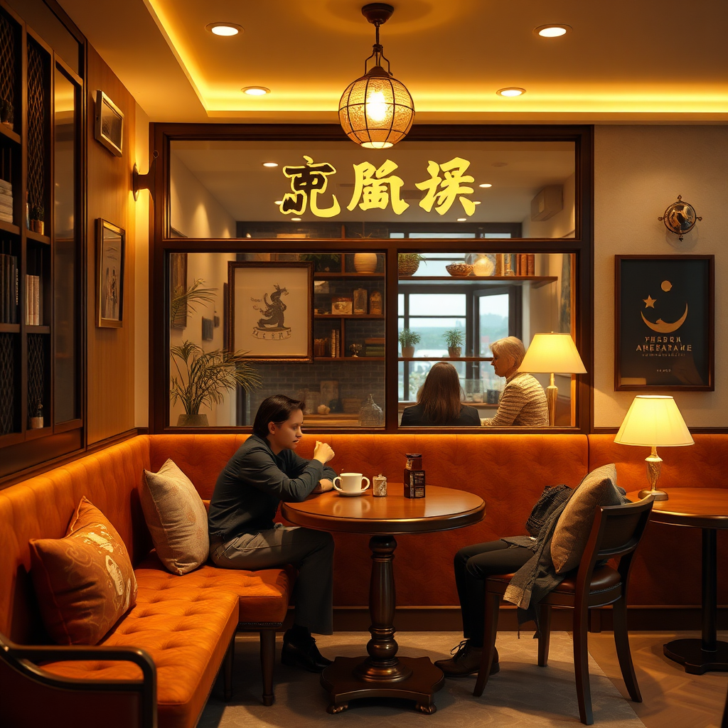 A photorealistic image of the interior of 'อักขระคาเฟ่'. Warm lighting, comfortable seating, and stylish décor create an inviting atmosphere. A person is seated at a table, enjoying a coffee and engaging in a friendly conversation with a fortune teller. The camera angle is a medium shot, capturing the interaction between the two people. The color palette is warm and inviting, using browns, creams, and golds. Style: Modern bohemian with a touch of the occult. Technical specs: 4K resolution, high-quality rendering, natural lighting.