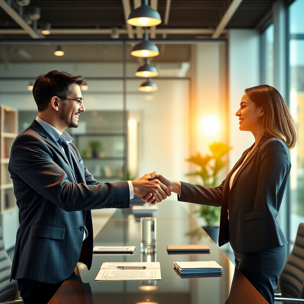 A photorealistic image of two businesspeople, a buyer and a seller, shaking hands in a modern, brightly lit real estate office.  The atmosphere should feel positive and successful, signifying a closed deal.  Real estate documents should be subtly present in the background.