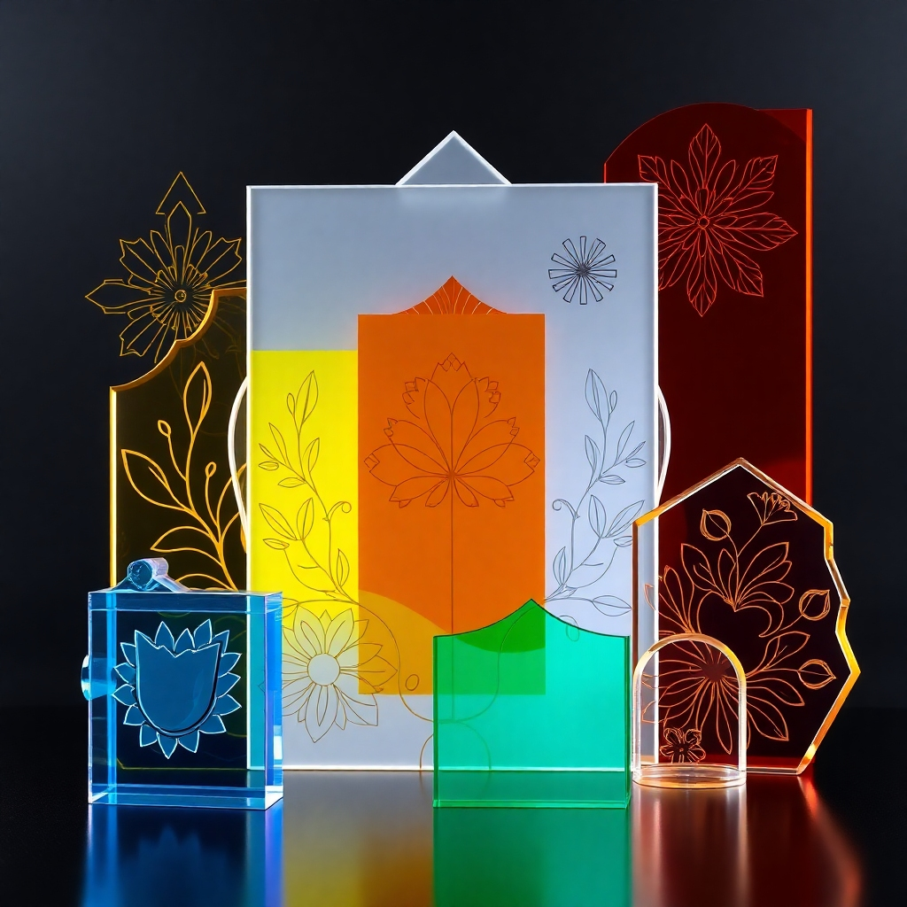 A photorealistic image of various laser-cut acrylic pieces arranged artfully.  The pieces should showcase different designs, colors, and thicknesses of acrylic.  The image should be well-lit and have a professional, stylish feel. Focus on highlighting the aesthetic appeal of the pieces, demonstrating their use in various decorative settings such as home decor or modern office spaces.
