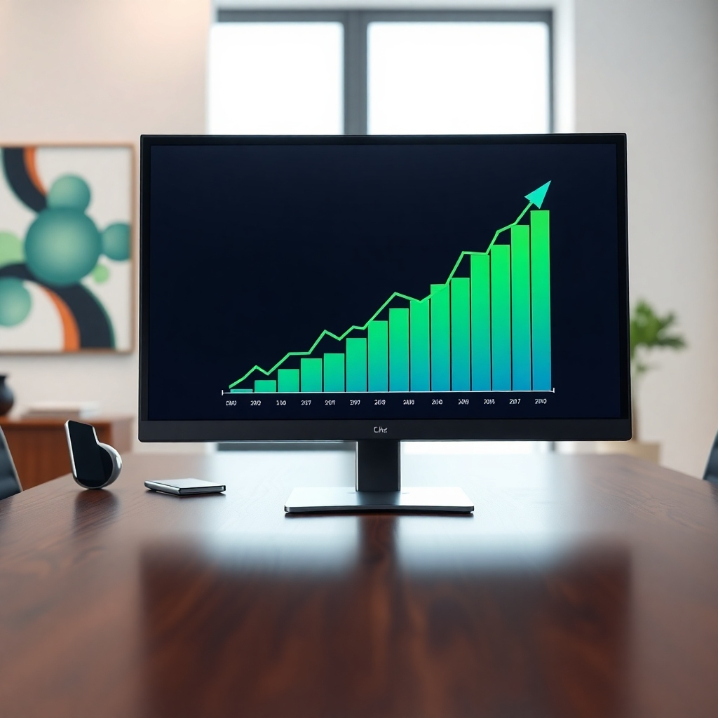 A photorealistic image, rendered in 8K resolution, depicting a graph showing significant upward sales trends on a large monitor in a modern, bright office setting. The graph is predominantly green and blue, reflecting positive growth. Soft, diffused lighting creates a clean, professional atmosphere. The camera angle is slightly low, looking up at the monitor, emphasizing the impressive growth. The monitor sits on a sleek, minimalist desk made of polished dark wood, with a few other office supplies subtly visible in the background. The texture details are highly realistic, showcasing the wood grain of the desk and the sleek glass of the monitor.  The background is a softly blurred, modern office setting with abstract artwork on the walls. The overall mood is professional, successful, and optimistic. The style is inspired by successful business photography, emphasizing growth and success,  with a focus on cleanliness and modernity. The image should use a colour palette representing success, trust and growth, with gradients that add dynamism. The image must be highly detailed and photorealistic, showcasing the precision and effectiveness of our marketing and SEO services.