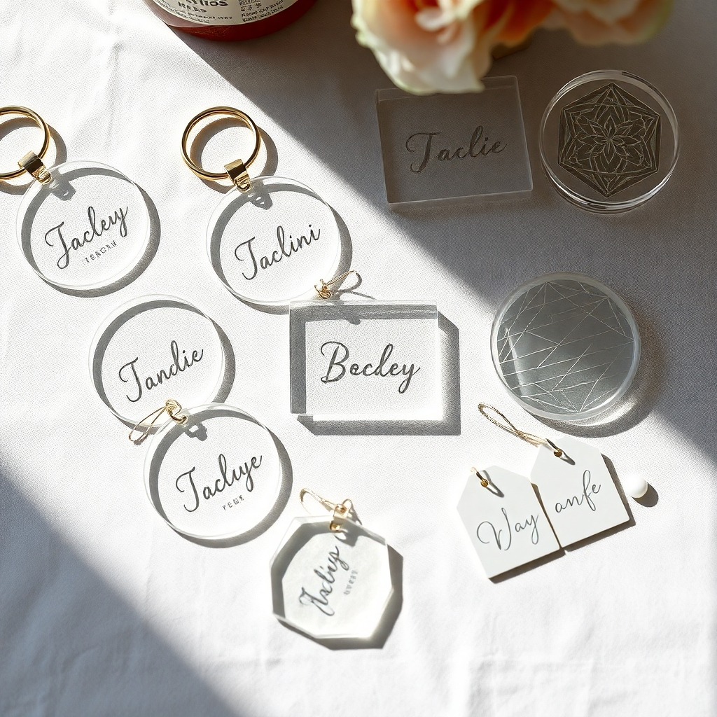 A photorealistic image, rendered in 8K resolution, depicting a collection of intricately laser-engraved acrylic pieces. These include personalized acrylic keychains with individual names engraved on them, decorative coasters with unique geometric patterns, and small, personalized gift tags with elegant script lettering. The pieces are arranged on a white linen tablecloth. Soft, natural light gently illuminates the scene from above, creating soft shadows that accentuate the textures and details of the engravings. The materials are shown with their transparent qualities, and the fine lines of the laser engravings are clear.  The camera angle is directly overhead, providing a clear view of the various designs and highlighting the precision of the laser engravings. The overall mood is playful and sophisticated, showcasing the versatility of the laser engraving service. The image style should mirror the clean and polished look often showcased by minimal design photographers and product catalogs, employing a bright color scheme that maximizes the aesthetic appeal.  The emphasis is on the hyperrealistic representation of materials, textures, and colors.