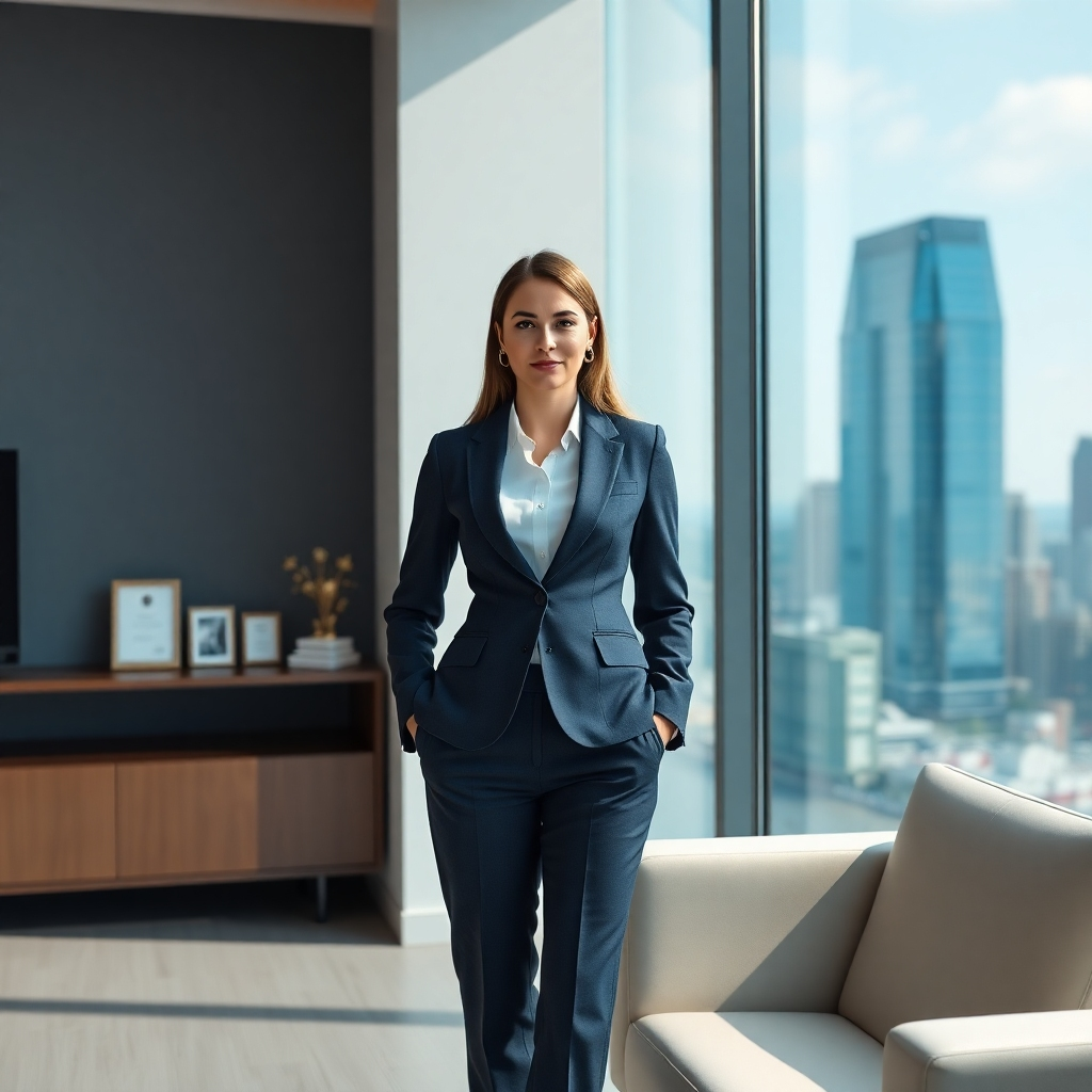 A photorealistic image rendered in 8K resolution, depicting a successful businesswoman standing confidently in her modern, minimalist office. The lighting is soft and natural, creating a calm and focused atmosphere. The color palette is primarily composed of cool blues, grays, and whites, symbolizing professionalism and clarity.  The camera angle is slightly low, looking up at the businesswoman, emphasizing her power and success.  The businesswoman is sharply dressed in a tailored suit, standing next to a large window overlooking a vibrant cityscape. The textures are highly detailed, showing the subtle textures of her clothing and the sleek surfaces of her office furniture.  The background cityscape is slightly blurred, drawing focus to the businesswoman.   In the style of a corporate portrait photographer, showcasing confidence and competence.  The scene incorporates subtle details suggesting a successful career path, such as awards or certificates on display.