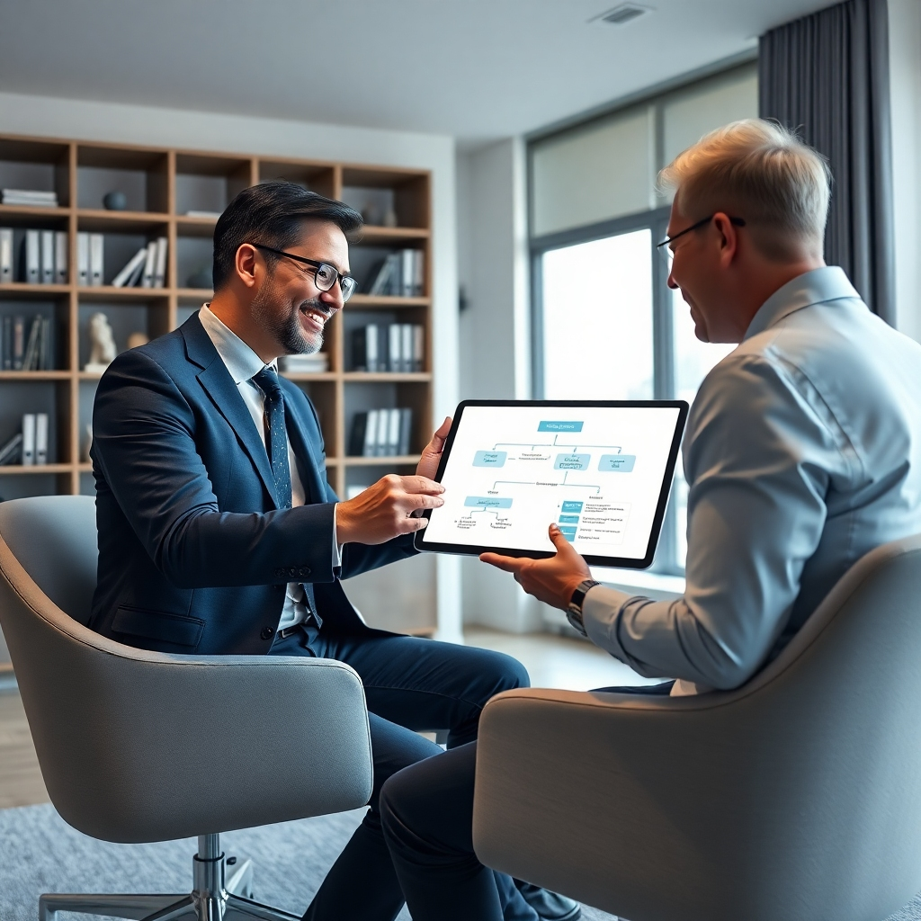 A photorealistic image rendered in 8K resolution, depicting a consultant sitting across from a client in a modern, well-lit office. Soft, diffused lighting creates a calm and professional atmosphere. The color scheme is neutral and sophisticated, with calming blues and greens subtly integrated into the environment. The consultant, dressed in business attire, is gesturing towards a digital tablet displaying a beautifully designed flow chart representing an efficient accounting system.  The client is engaged, attentive, and positive. The background features bookshelves with organized financial literature and subtly incorporates an urban view outside the window. The camera perspective is a slightly low angle medium shot focusing on the interaction between the consultant and client. The textures and materials of the room are realistic and finely detailed. The overall mood is one of trust, collaboration, and clarity. The image style is clean, sleek, and modern, inspired by the works of contemporary corporate photographers specializing in business consultation photography. Extreme attention to detail is required for hyperrealistic rendering.  The image should exude a sense of professional competence and calm reassurance.