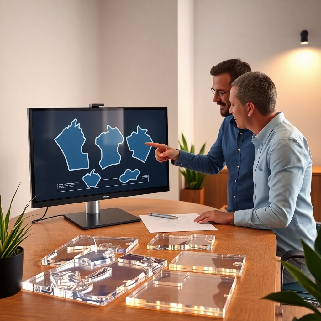 A photorealistic image rendered in 8K resolution, depicting a collaborative design session between a client and a 'เก้ากล้า อะคริลิค' designer. The client is reviewing a digital design of intricately cut acrylic shapes, displayed on a high-resolution monitor, that will be used for signage. The image should capture soft, warm lighting in a clean, modern workspace.  The acrylic samples on the desk, rendered in hyperrealistic detail with sharp, precise laser cuts, showcase the glossy texture and color variations of the material. The designer is pointing at a particular detail on the screen, highlighting the accuracy and precision of the design. The overall mood is professional, friendly, and collaborative.  The style should emulate contemporary corporate settings found in high-end design firms.  The environment is minimalist and modern with subtle wood textures and plant life added to provide a natural touch.