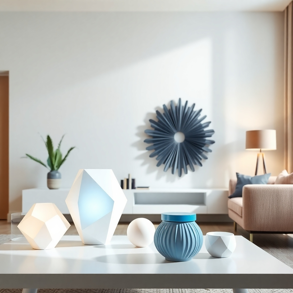A photorealistic image showcasing a stylish, modern living room with several unique 3D-printed objects made from PLA filament; such as a geometric lamp, a decorative wall sculpture, and a small functional container. The scene should be brightly lit, highlighting the smooth textures and vibrant colors of the 3D-printed items.  The style should be contemporary and sophisticated.