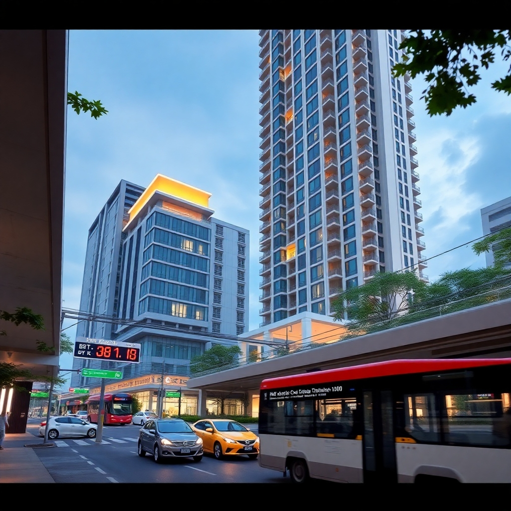 A photorealistic image showcasing the condo's convenient location.  The image should include a view of the building from the outside, showing nearby landmarks and transportation options like a BTS station or major road.  The image needs to show a vibrant and accessible area. High resolution, 8k