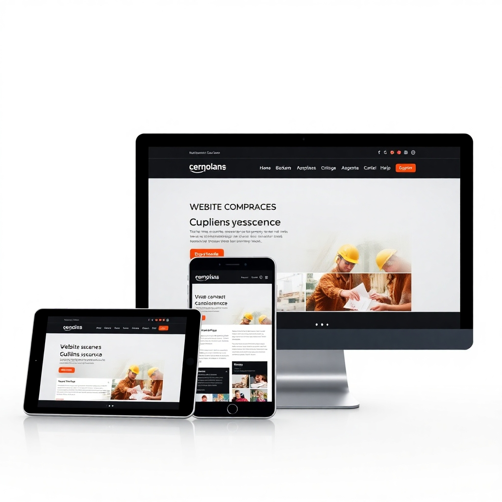 A photorealistic image showcasing a responsive corporate website design seamlessly adapting to different devices. Show the same website displayed on a desktop, a tablet, and a smartphone, all simultaneously.  Each device should clearly show the content adapting perfectly to the screen size. The overall visual should highlight the ease of use and the consistency of the user experience across platforms.