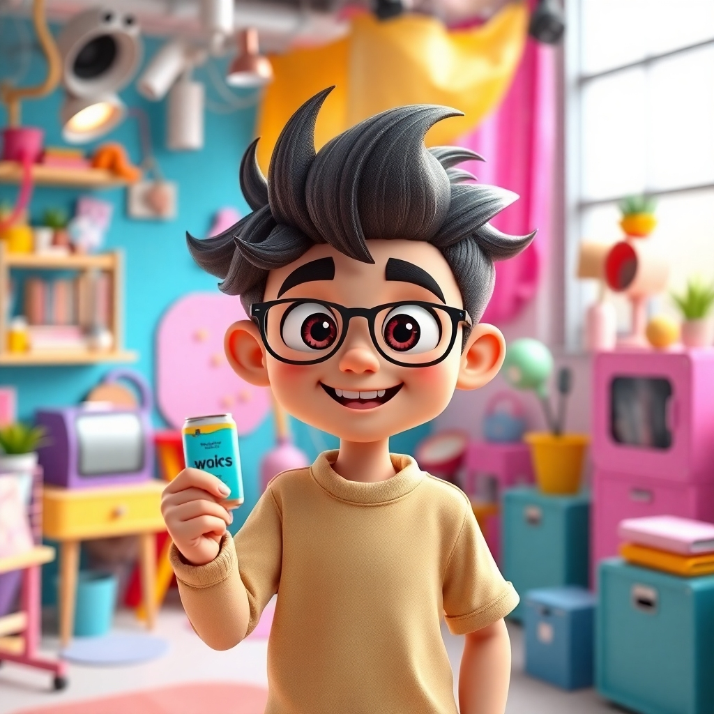A photorealistic image showcasing a vibrant and creative studio setting.  An animated avatar, with a unique and expressive design reflecting a specific brand's personality, is presenting a new product.  The background should be filled with colorful props and design elements reflecting the brand's creative identity.  The image should emphasize the avatar's expressive qualities, vibrant colors, and overall playful and creative mood.