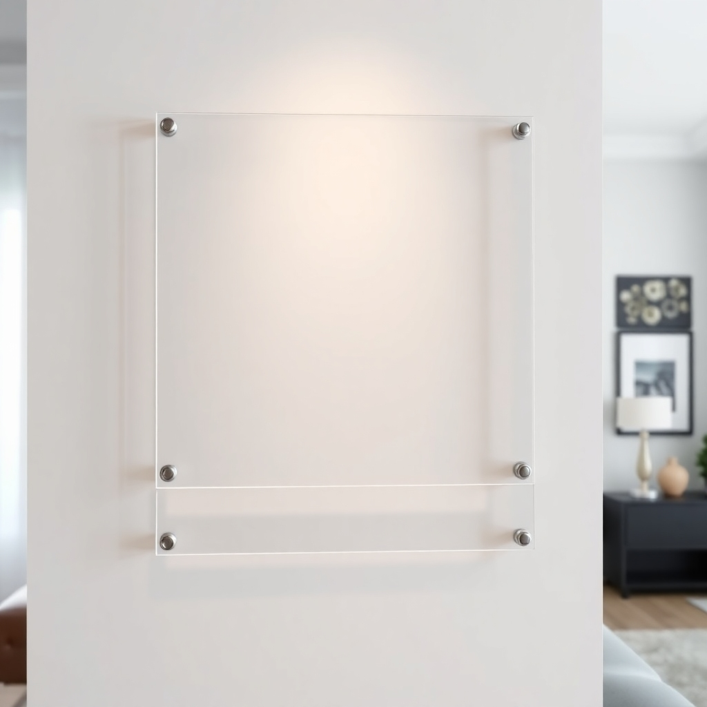 A photorealistic image showcasing the final step of hanging a modern acrylic picture frame on a wall using screws. The image should focus on the secure placement of the frame, emphasizing the straightness and stability. High-quality lighting should highlight the acrylic's shine and clarity. The background should be a stylish, modern interior with complementary colors and textures.