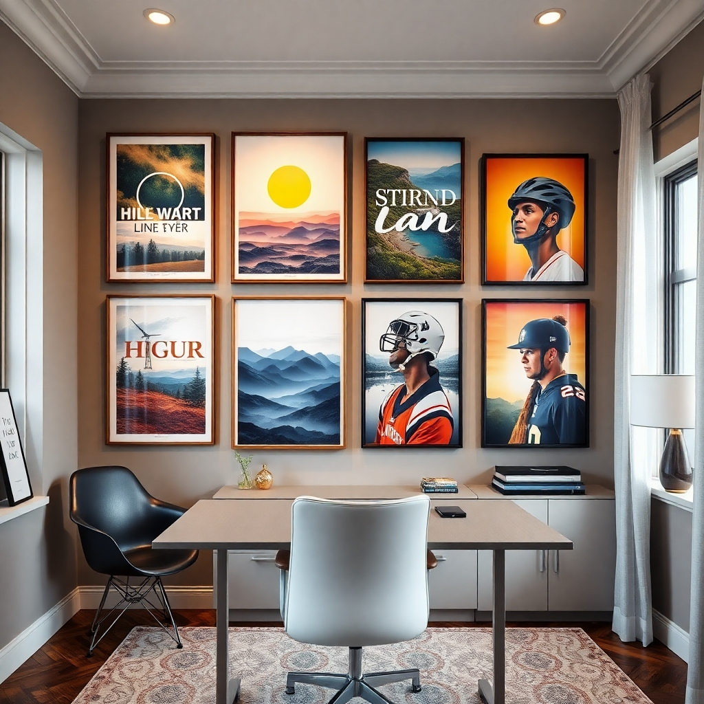 A photorealistic image showcasing a gallery wall in a stylish home office.  The gallery wall features a variety of UV-printed artworks with diverse styles, reflecting a unique personality. Some artworks are abstract, others depict landscapes and nature, and one shows a close-up image of a sports icon. The overall feel is sophisticated and reflects the homeowner's eclectic taste.