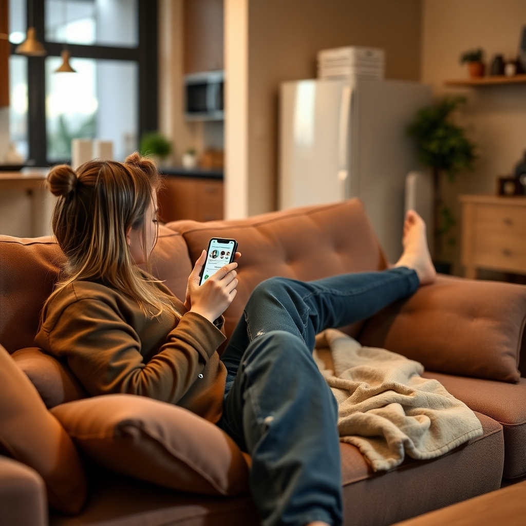A photorealistic image showcasing a person relaxing on a sofa, effortlessly controlling their home appliances using a smartphone or tablet. The scene should convey a sense of convenience and ease of use. The lighting should be warm and inviting.