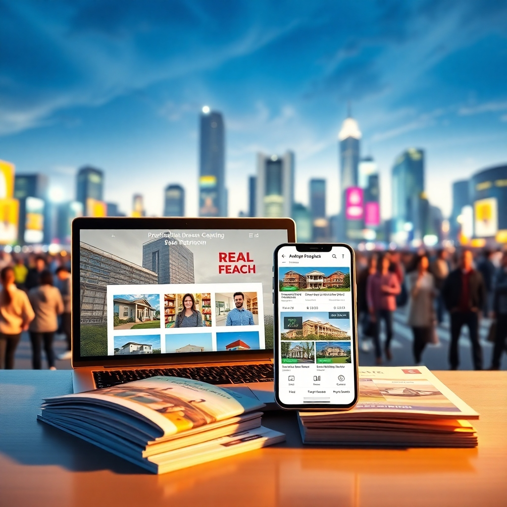 A photorealistic image showcasing various marketing channels: a laptop displaying a real estate website, a smartphone showing a property listing app, and print materials like brochures and flyers.  In the background, a vibrant city scene with many people bustling around suggests a wide reach.