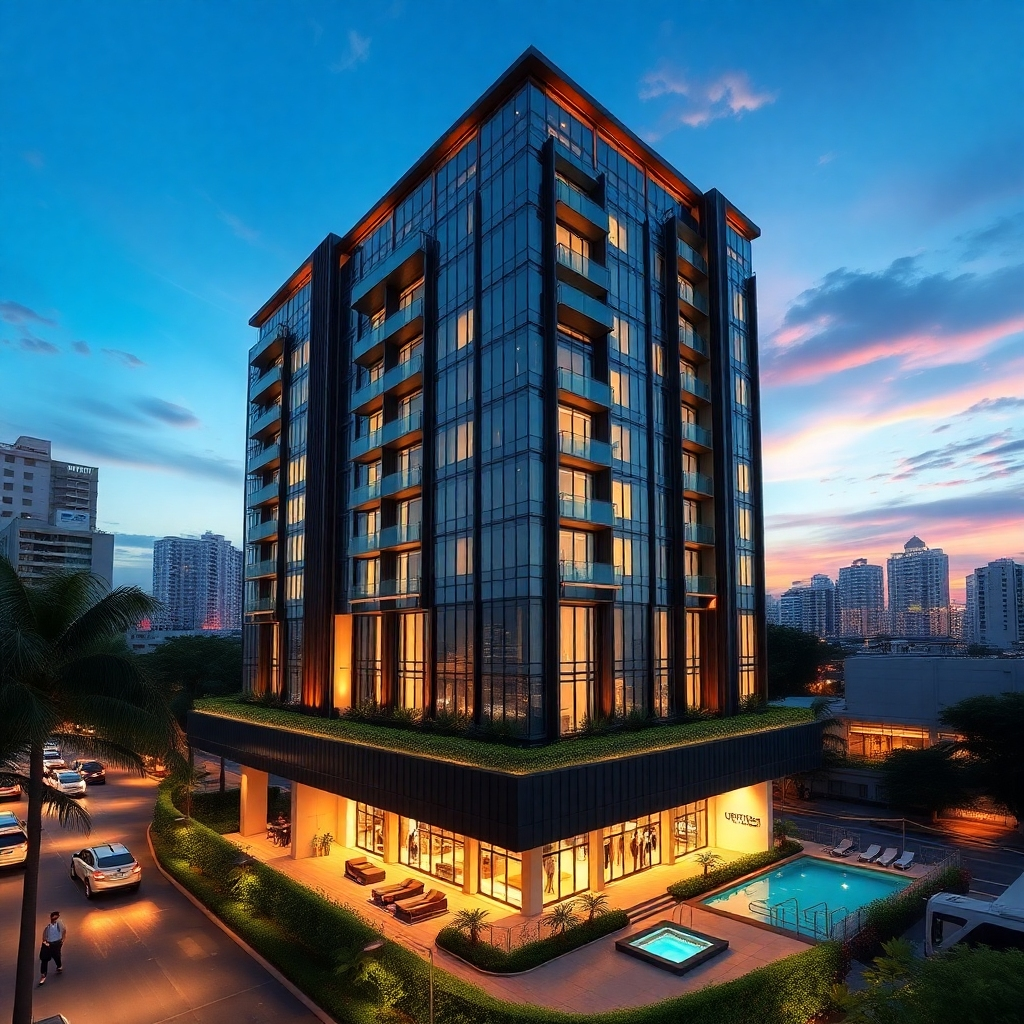 A photorealistic image showcasing a modern condotel building in Pattaya, Thailand, with a bustling city backdrop.  The image should highlight the building's sleek design and prime location.  Include elements suggesting high occupancy rates, such as people entering and exiting the building, and possibly a pool or other amenities.  High-resolution, detailed textures and cinematic lighting are required.