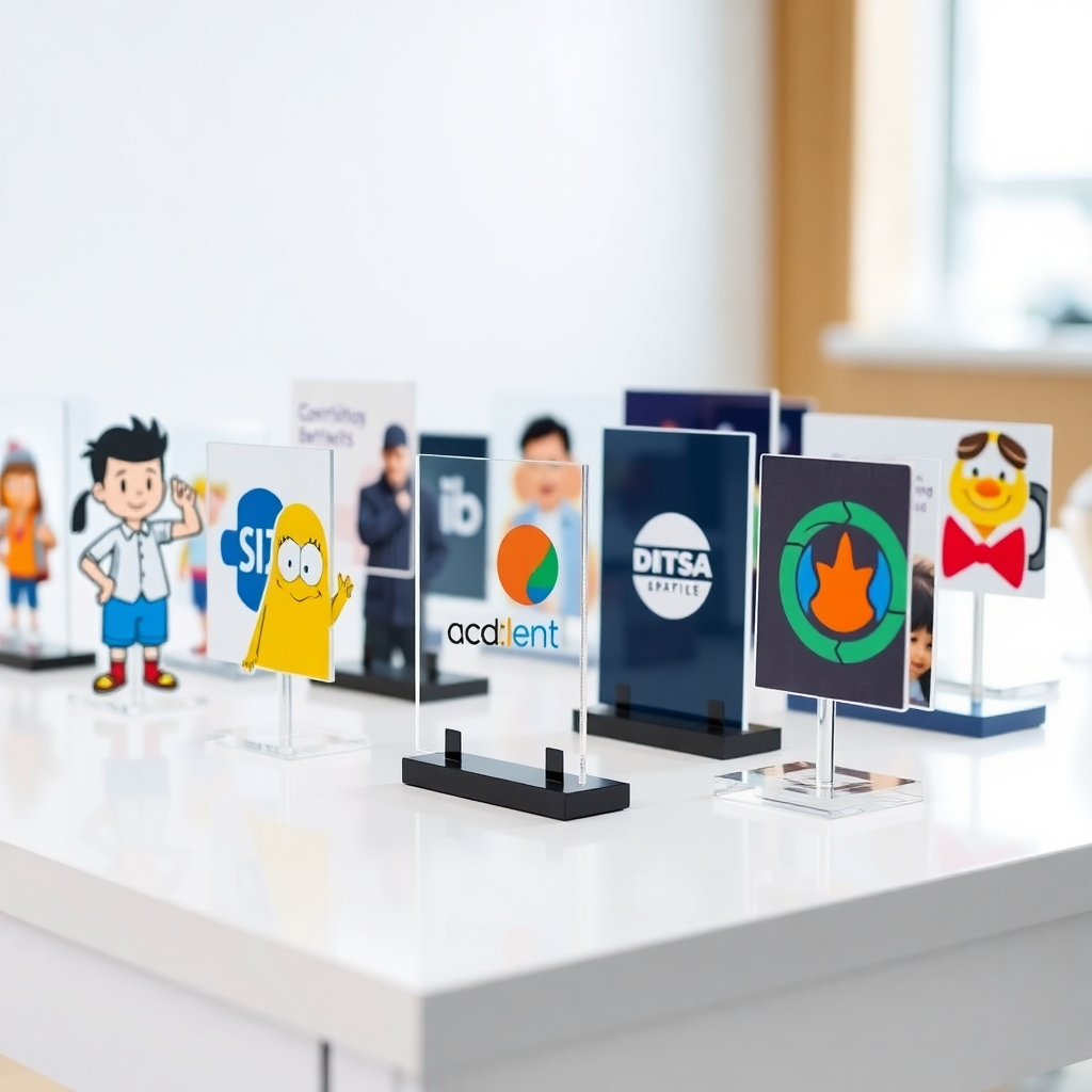 A photorealistic image showcasing a diverse collection of acrylic standees with various designs – cartoon characters, company logos, and photo-realistic images. The standees are arranged on a clean, white table with soft, diffused lighting to highlight the different designs. The camera angle is a medium shot, focusing on the variety of styles and printing quality. The background is blurred to keep the attention on the standees. The style is modern and vibrant, emphasizing the customization options available.