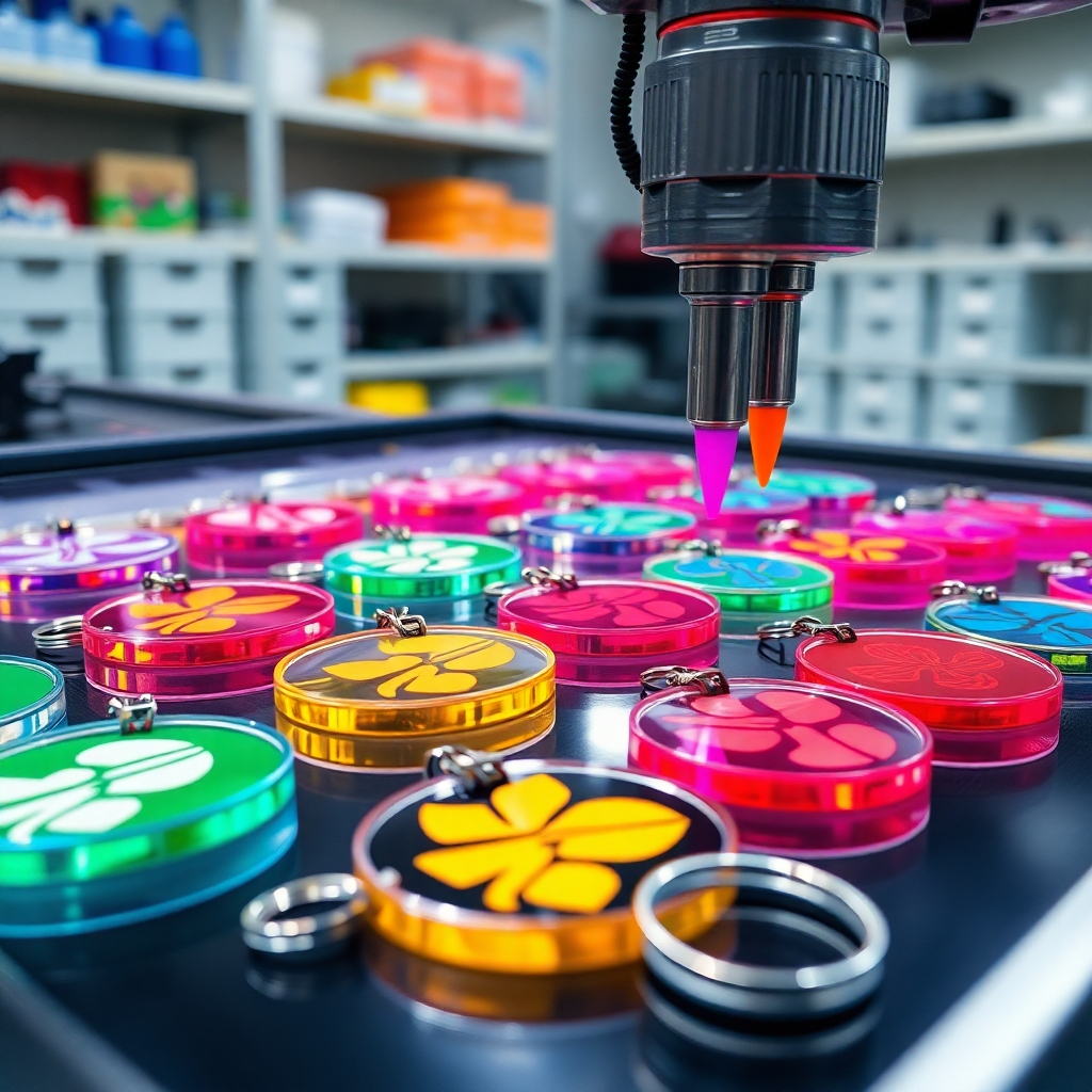 A photorealistic image showcasing the screen printing process on multiple acrylic keychains. The image should feature a close-up shot of the screen printing process in action, with vibrant inks being applied to the acrylic surface.  Multiple keychains with various designs should be visible, highlighting the versatility of the process.  The image should be well-lit and clear, emphasizing the smooth, even application of the ink and the bright, saturated colors. The background should be a clean, organized workspace, emphasizing a professional production environment.