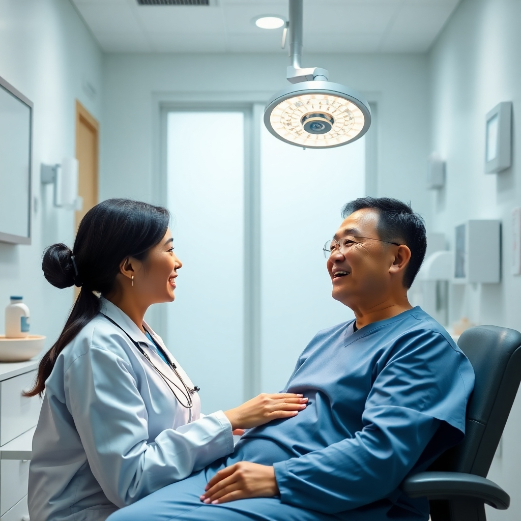 A photorealistic image showcasing the clinic's interior: a clean, modern, yet calming space.  Include elements suggesting both traditional Chinese aesthetics and modern medical equipment. Show smiling staff interacting with a relaxed patient, creating a feeling of trust and care.