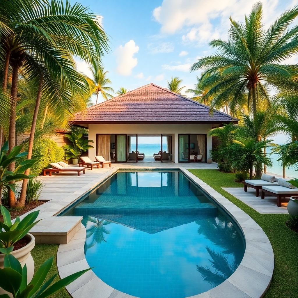 A photorealistic image showcasing the stunning location and amenities of a pool villa in Pattaya. The image should feature the villa nestled within lush tropical gardens, with glimpses of the nearby ocean or city skyline in the background.  Amenities such as a private pool, outdoor dining area, and possibly a spa or fitness center should be subtly integrated into the image. The overall composition should highlight the villa's prime location and luxurious amenities.
