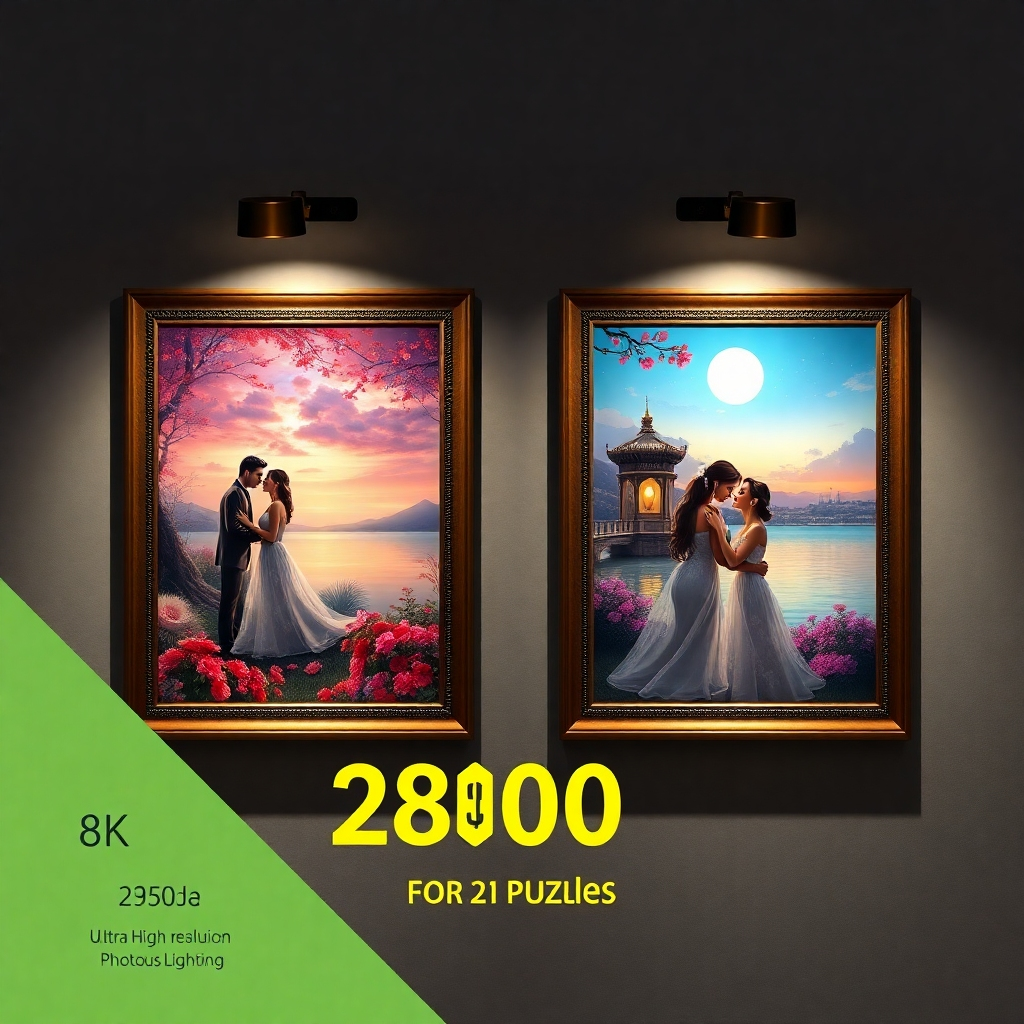 A photorealistic image showcasing two beautifully framed jigsaw puzzles side-by-side.  Each puzzle depicts a different romantic scene but with a similar art style. Highlight the high quality printing and the elegant frames. Include a price tag showing the promotional price of 2800 baht for two puzzles.