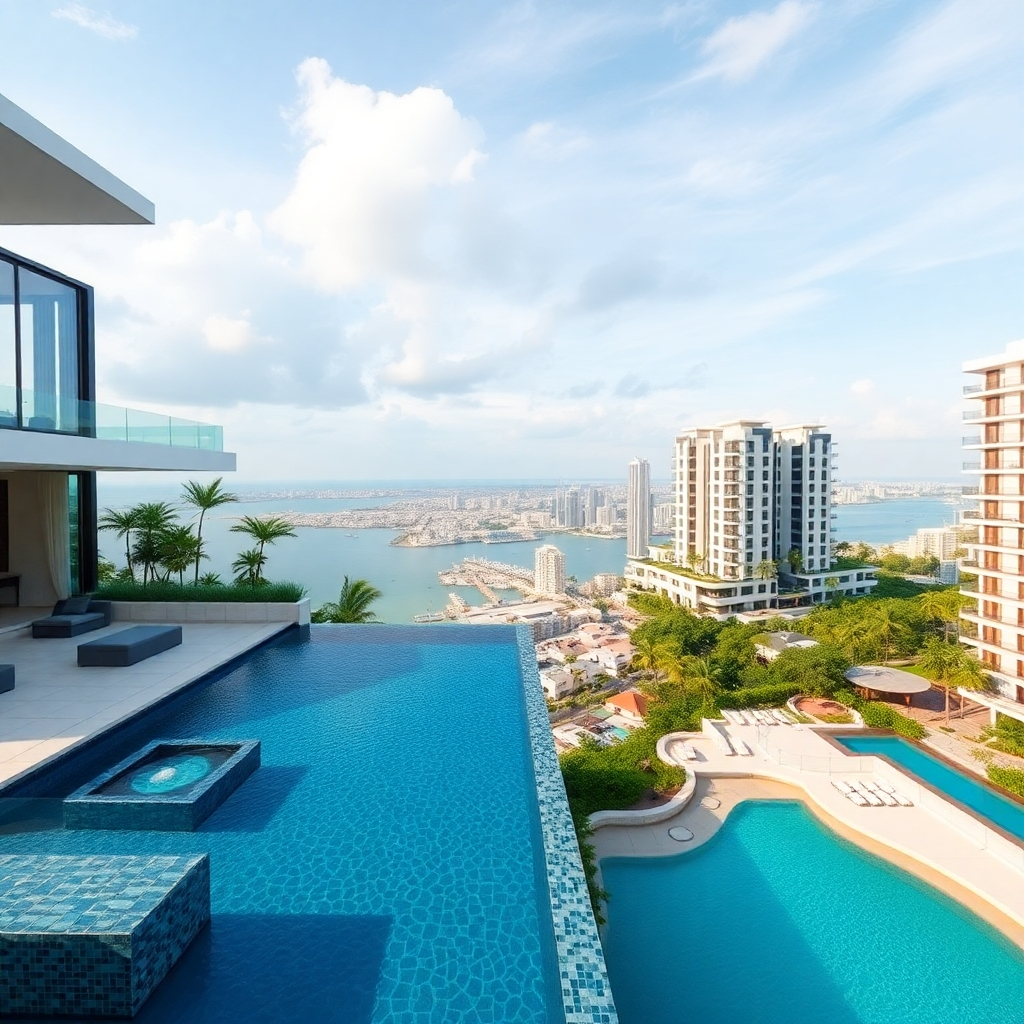 A photorealistic image showcasing a selection of luxurious Pattaya properties: a modern villa with an infinity pool overlooking the ocean, a penthouse apartment with panoramic city views, and a stylish beachfront condominium. Each property should be visually distinct, highlighting architectural detail and luxurious features. The image should be bright, airy, and showcase the beauty of Pattaya.