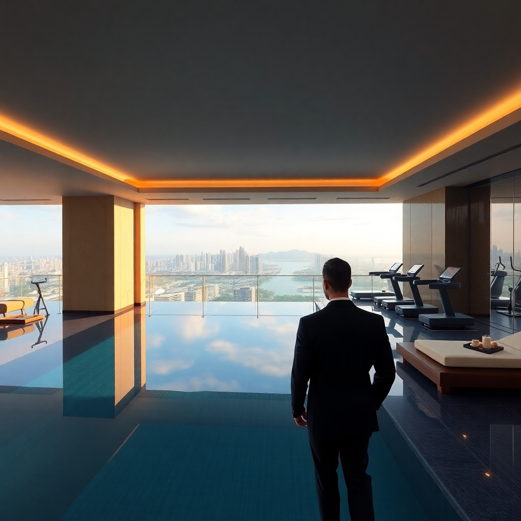 A photorealistic image showcasing the luxurious amenities of a Pattaya condo-hotel. The image should depict a stunning infinity pool overlooking the city, a modern fitness center with state-of-the-art equipment, and a relaxing spa area with comfortable treatment rooms.  Stylish and well-dressed individuals should be subtly visible enjoying these amenities. The overall mood should convey opulence and relaxation.