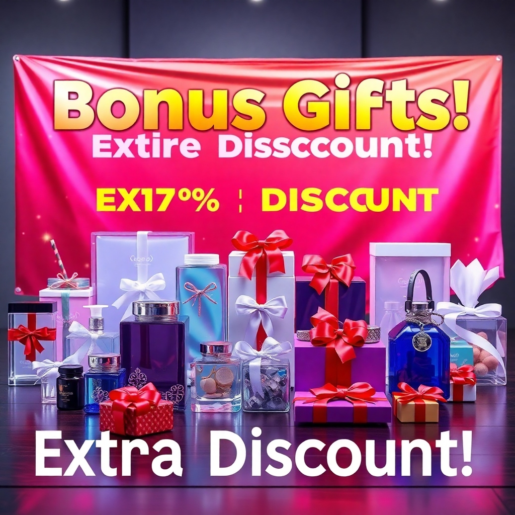 A photorealistic image of a customer receiving a gift with their purchase of acrylic products. The image should show a variety of acrylic products neatly arranged, along with several attractive bonus items such as brushes, cleaning cloths, or other relevant accessories. The overall tone should be celebratory and exciting.