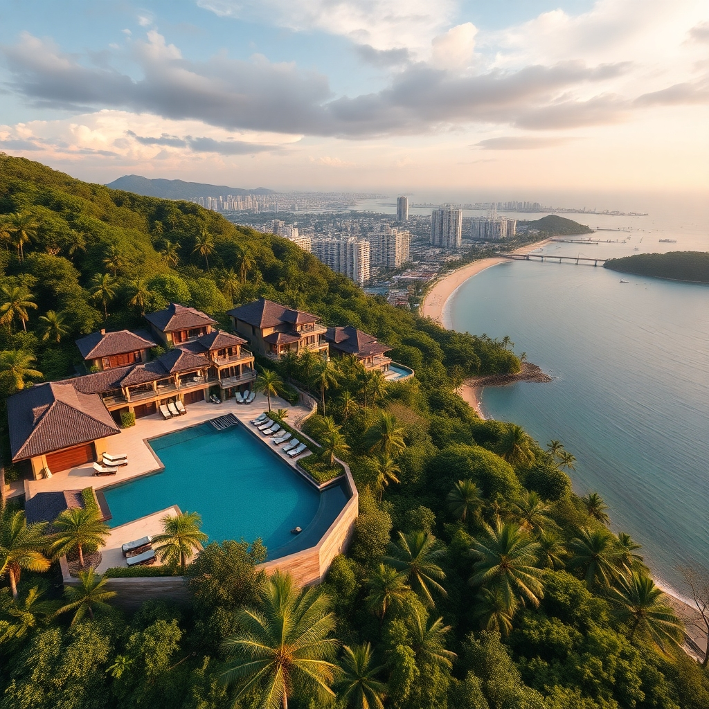 A photorealistic image showcasing a stunning panoramic view of Pattaya's coastline, with luxurious pool villas and condominiums nestled amongst lush tropical greenery. The image should highlight the prime location and proximity to beaches, attractions, and amenities. The overall mood should be luxurious, inviting, and aspirational, emphasizing the desirability of the properties.