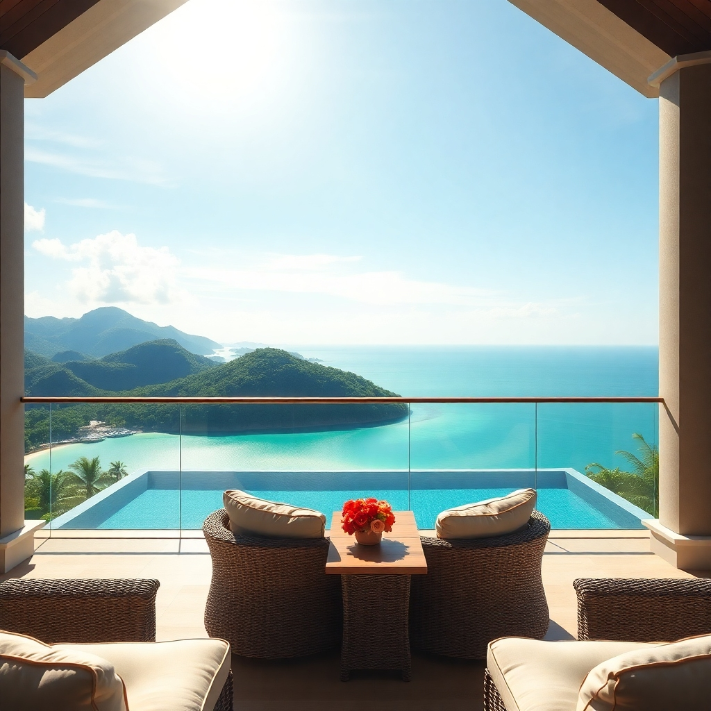 A photorealistic image showcasing a stunning view from a Pattaya pool villa's balcony.  The foreground features comfortable outdoor furniture, while the background displays a panoramic view of the coastline, crystal-clear turquoise waters, and lush green mountains under a bright, sunny sky.  The image should evoke a sense of freedom and tropical paradise.