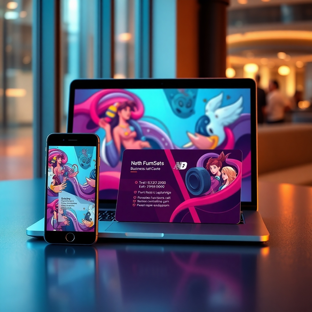 A photorealistic image showcasing a unique and creative digital business card design. The design should be visually striking and memorable, incorporating custom illustrations or animations. The business card should be displayed on various devices (phone, tablet, laptop) showcasing responsiveness. The background should suggest a modern and artistic setting.
