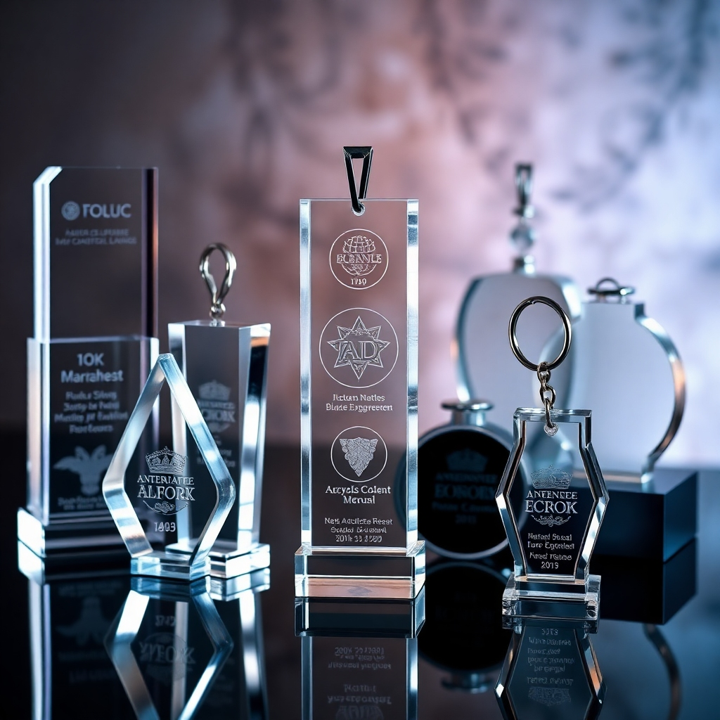 A photorealistic image showcasing various acrylic products with laser engravings, such as awards, keychains, and promotional items.  The image should highlight the variety of possible applications and the enhanced value the engraving adds to each product. The background should be aesthetically pleasing and showcase the products effectively.  The lighting should be professional and highlight the quality of the engraving.