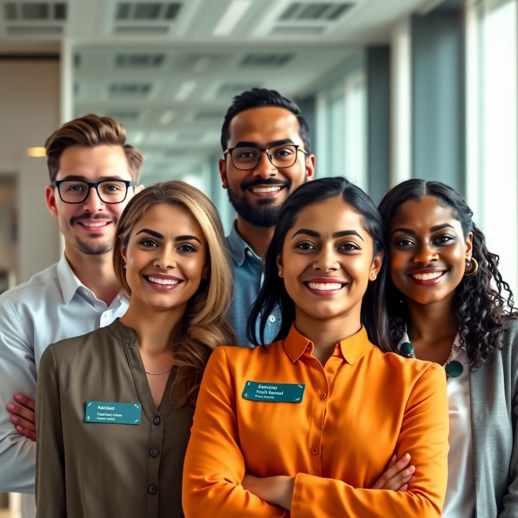 A photorealistic image showcasing a diverse team of professional accountants. Each person should have a name tag with their role clearly visible. The background should be a modern, well-lit office space. The expressions on their faces should convey confidence, professionalism, and expertise. The image should give the impression of a strong and supportive team.
