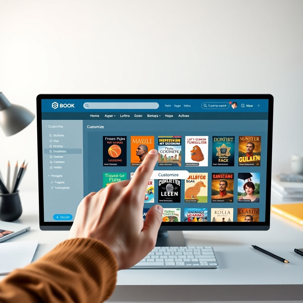 A photorealistic image showcasing a customized e-book store website.  The website should feature a unique logo, a professional color scheme, and a variety of e-book cover images reflecting different genres.  A hand should be shown hovering over a 'customize' button on the website's dashboard. The background should be a clean, modern workspace with some design elements scattered around.