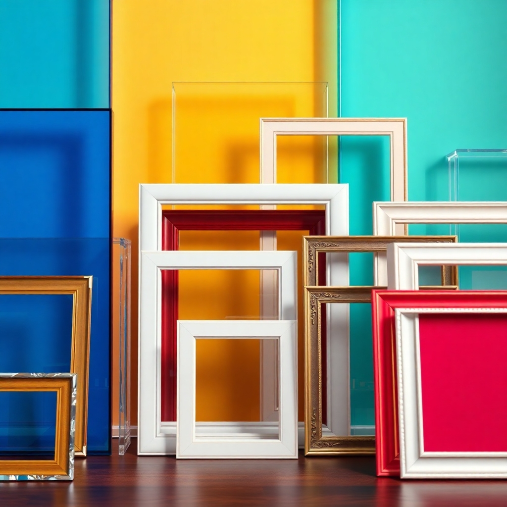 A photorealistic image showcasing a diverse range of acrylic picture frames with various shapes, sizes, and colors.  The frames should be neatly arranged, highlighting their unique designs.  High-resolution, sharp focus, and professional lighting are essential.