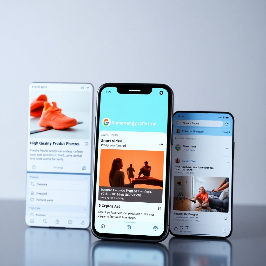 A photorealistic image showcasing a variety of engaging Facebook posts: a high-quality product photo with compelling text, a short, attention-grabbing video ad, and a visually appealing carousel post.  The overall aesthetic should be modern and visually appealing, targeting a diverse audience. High-resolution, detailed image.