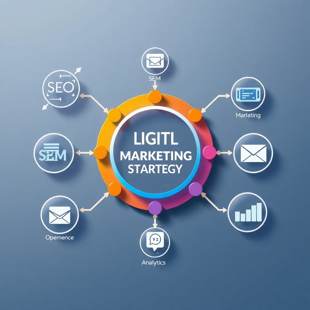 A photorealistic image showcasing a comprehensive digital marketing strategy.  The image could be a stylized infographic showing interconnected elements representing SEO, SEM, social media marketing, content marketing, email marketing, and analytics, all visually linked and contributing to a central goal (e.g., increased brand awareness or sales).  The style should be clean, modern, and easily understandable, conveying the interconnectedness of various digital marketing efforts.
