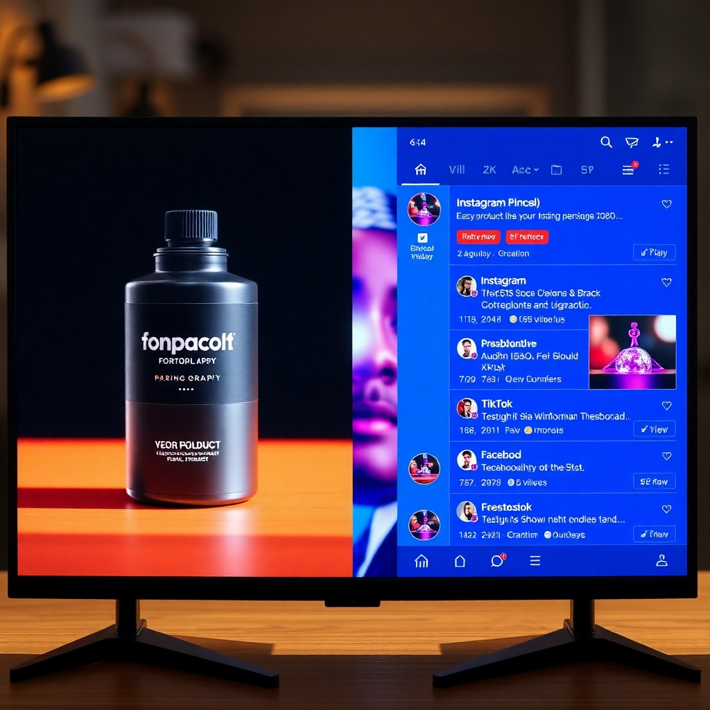 A photorealistic image showcasing a split screen. One side shows a branded product prominently displayed with high-quality photography, and the other shows various social media platforms (Instagram, TikTok, Facebook etc.) with numerous views, likes and positive comments on a short video reel promoting the product. The overall aesthetic should convey a sense of success and brand recognition.