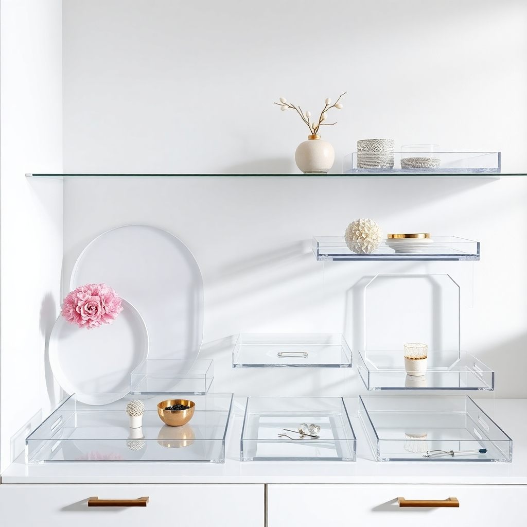 A photorealistic image showcasing a variety of acrylic trays in different shapes and sizes, neatly organized on a modern shelf. Some trays are filled with decorative items, others are empty, highlighting their versatility. The background should be a clean, minimalist setting to emphasize the trays' design.