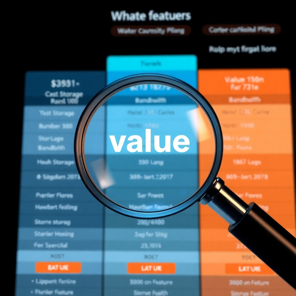 A photorealistic image showcasing a comparison table of different web hosting plans, highlighting cost, storage, bandwidth, and other features. A magnifying glass should focus on the 'value' aspect of one plan, showing a balance between price and features.